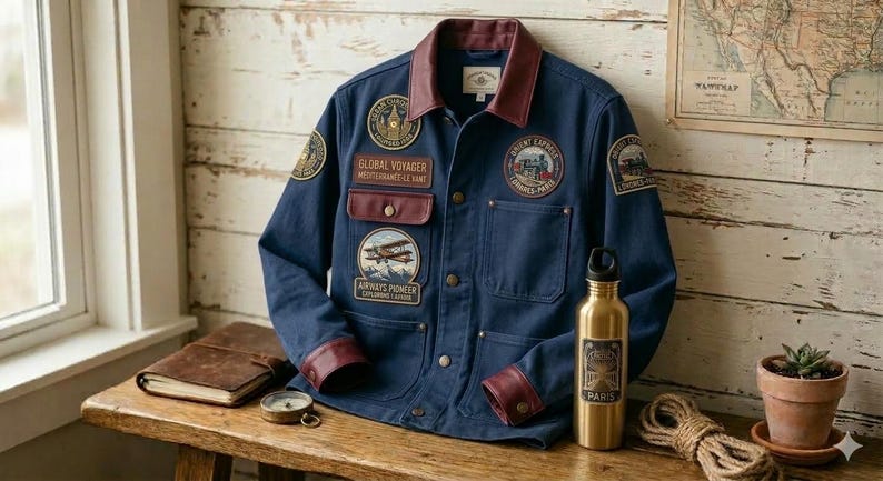 May include: A navy blue jacket with multiple patches, including "Global Voyager" and "Airways Pioneer." The jacket has brown leather accents on the collar and pockets. A gold water bottle with "Paris" text sits next to the jacket on a wooden table.