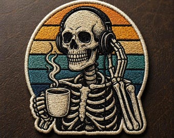 Custom embroidered skeleton coffee patch vintage skull with headphones iron on patch aesthetic design for jacket backpack vest