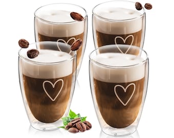 4 x 350ml Doppelwandige Latte Macchiato Gläser Set | Kristallklare Thermogläser doppelwandig | Ideal als Cappuccino Gläser | Kaffeegläser