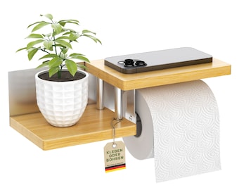 Toilettenpapierhalter Holz Bambus | hochwertiger Klopapierhalter - ohne Bohren - mit Ablage | Edelstahl | Klorollenhalter | WC Rollenhalter