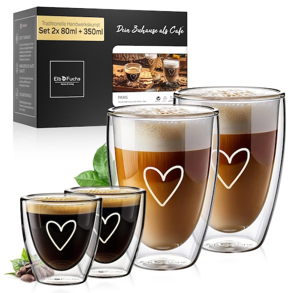 Double-walled Latte Macchiato Glasses [PARIS 350ml] Crystal-clear, Double-walled Thermal Glasses | Ideal as Cappuccino Glasses | Coffee Glasses