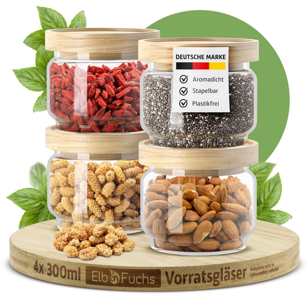 6 Große Vorratsgläser Mit Buche Holz Deckel, Vorratsdosen Glas Set Vorratsglas
