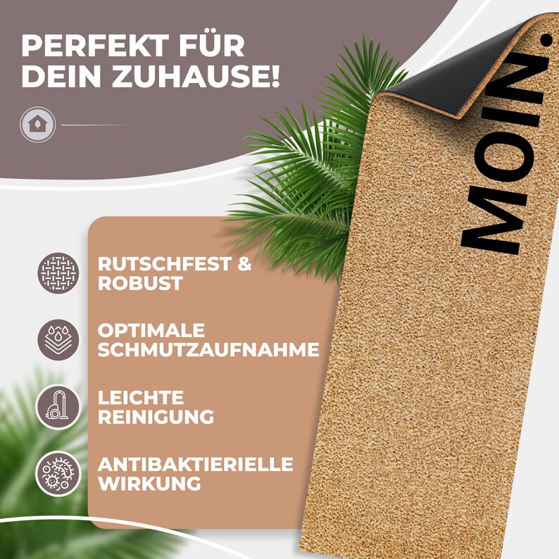 May include: A beige doormat with the word "MOIN" printed in black. The doormat has a non-slip backing and is designed to absorb dirt and moisture. It is also advertised as being easy to clean and having antibacterial properties.