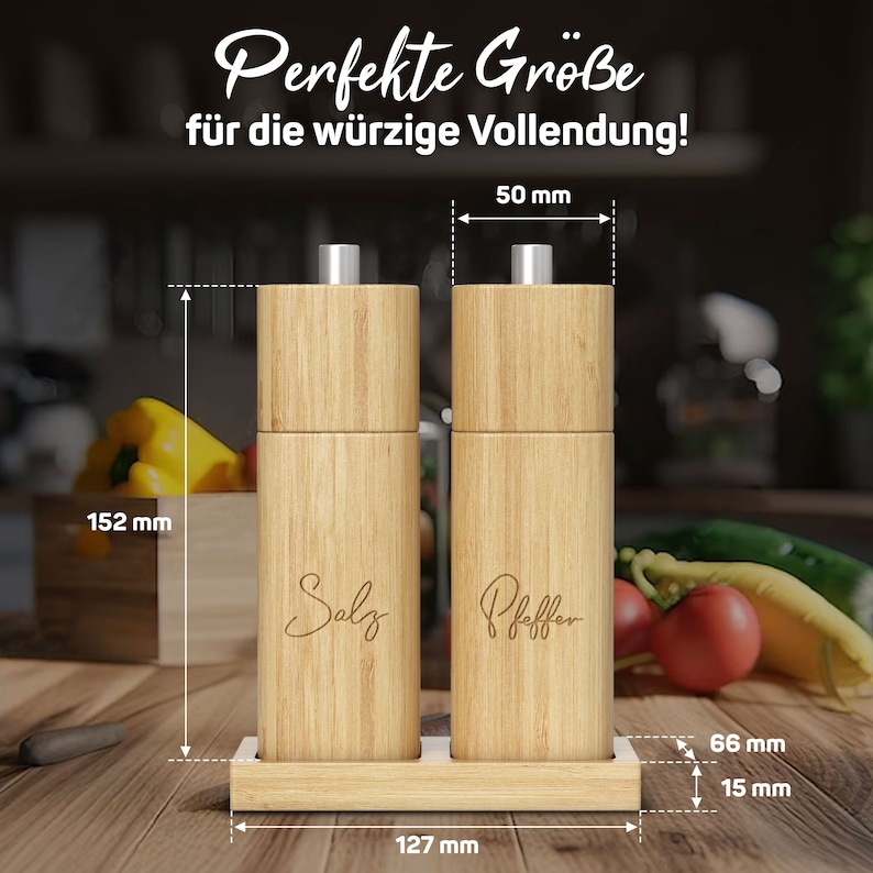 Salz und Pfeffermühle Holz Groß  2-er Set Pfeffer und Salzmühle mit Keramikmahlwerk, Ideal für Hölzerne Hochzeit, Silberhochzeit, Goldene Hochzeit, Geschenk Einzug, Polterabend, Salzstreuer Salz und Pfefferstreuer Pfeffer salz mühlenset