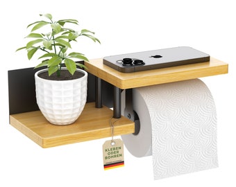 Toilet paper holder wood bamboo | high-quality toilet paper holder - no drilling required - with shelf | black | toilet roll holder | Toilet roll holder