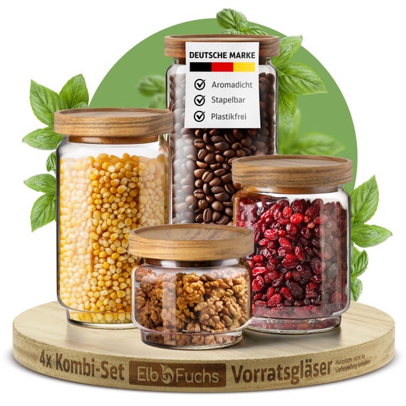 Vorratsgläser mit Deckel luftdicht | 150ml - 2000ml [BPA-FREI] | Vorratsdosen aus Borosilikatglas Holzdeckel | Aufbewahrungsgläser