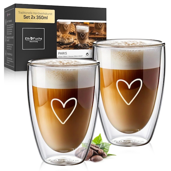 Doppelwandige Latte Macchiato Gläser [PARIS 350ml] Kristallklare Thermogläser doppelwandig | Ideal als Cappuccino Gläser | Kaffeegläser