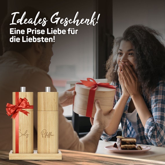 2er Salz- Und Pfeffermühlen Set Aus Holz Mit Untersetzer – 21 Cm, Verstellbares Keramikmahlwerk