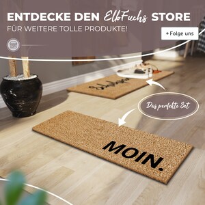 May include: Two doormats, one with the word "Moin" and the other with the word "Willkommen". The doormats are made of a natural fiber material and have a brown color.