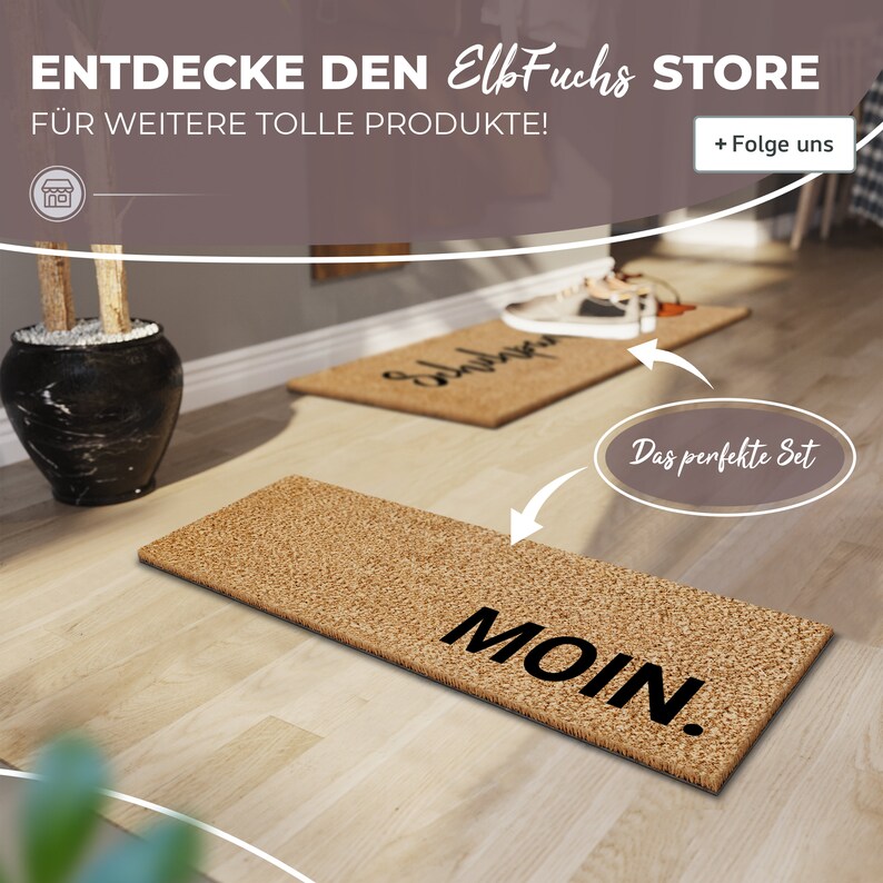 May include: Two doormats, one with the word "Moin" and the other with the word "Willkommen". The doormats are made of a natural fiber material and have a brown color.