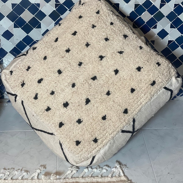 Dotted Moroccan pouf BENI OURAIN Black Polka Dot Poof Unique Wool Morrocan Pouf ethnic floor cushion Morrocan Ottoman Floor cushion gift