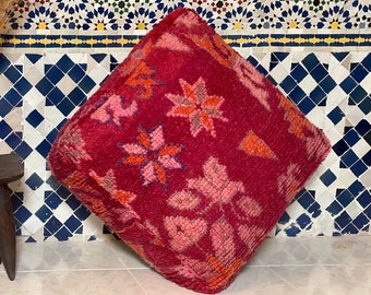 Marokkanischer Berber POUF BOUJAAD Vintage Stil Rot Rosa Boho Bodenkissen Marokkanisches Ottoman Beni Ourain Bodenkissen Einzigartiges Geschenk Boho Kissen