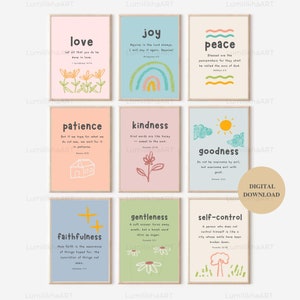 9 Bible Verses Inspired by Galatians 5:22-23 Fruit of the Spirit Printable Wall Art for Kids Nursery Classroom Church Sunday School