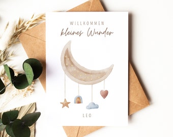Karte zur Geburt Mond Baby personalisierbar Postkarte Faltkarte unisex