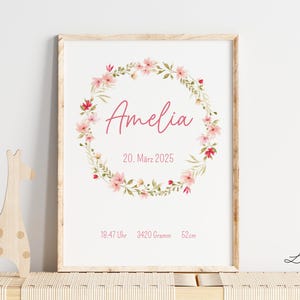 Geburtsposter personalisiert Name Geschenk zur Geburt A4 A3 Taufe floral Blumen