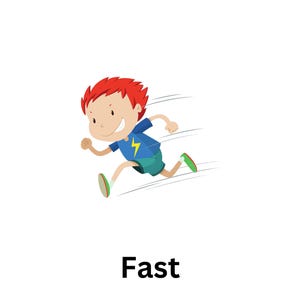 Op de afbeelding: Een cartoonillustratie van een jongen met rood haar die hard rent. Hij draagt een blauw shirt met een gele bliksem en een groene broek. Het woord "Snel" staat onder de afbeelding.