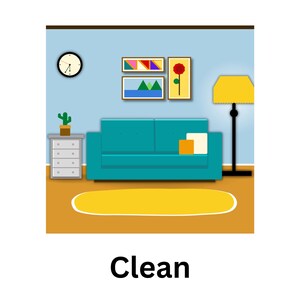 Op de afbeelding: Een schone woonkamer met een blauwe bank, een geel vloerkleed, een lamp, een klok en twee ingelijste foto's aan de muur. De tekst "Clean" staat onder de afbeelding.