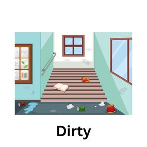 Op de afbeelding: Een vuile gang met een trap, afval op de vloer en een boek op de trappen. De muren zijn lichtblauw en er zijn twee ramen.