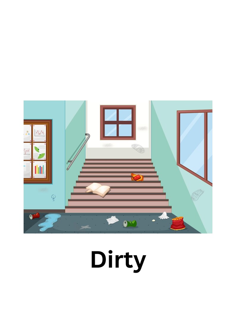 Op de afbeelding: Een vuile gang met een trap, afval op de vloer en een boek op de trappen. De muren zijn lichtblauw en er zijn twee ramen.