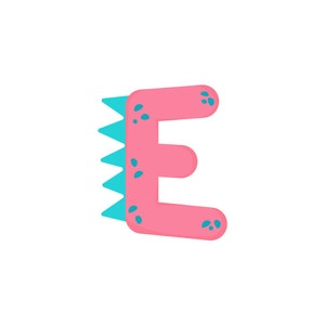 May include: Pink letter E with blue spikes and dots. The letter is in a cartoon style.