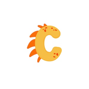 May include: Orange and yellow letter C with a spiky, orange outline. The letter is stylized to look like a cartoon character.
