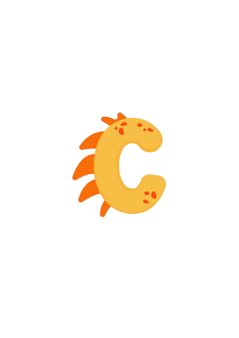 May include: Orange and yellow letter C with a spiky, orange outline. The letter is stylized to look like a cartoon character.
