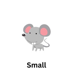 Op de afbeelding: Een cartoonillustratie van een kleine, grijze muis met roze oren en een tandengebit. Het woord "Klein" staat onder de muis.