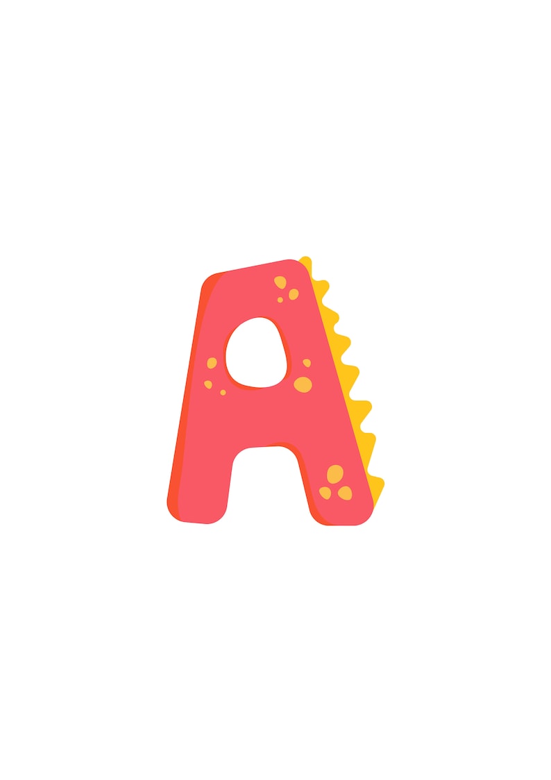 May include: A bright pink letter A with a yellow jagged outline and yellow polka dots.