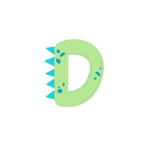 May include: Green letter D with blue spikes and spots. The letter is in a cartoon style.