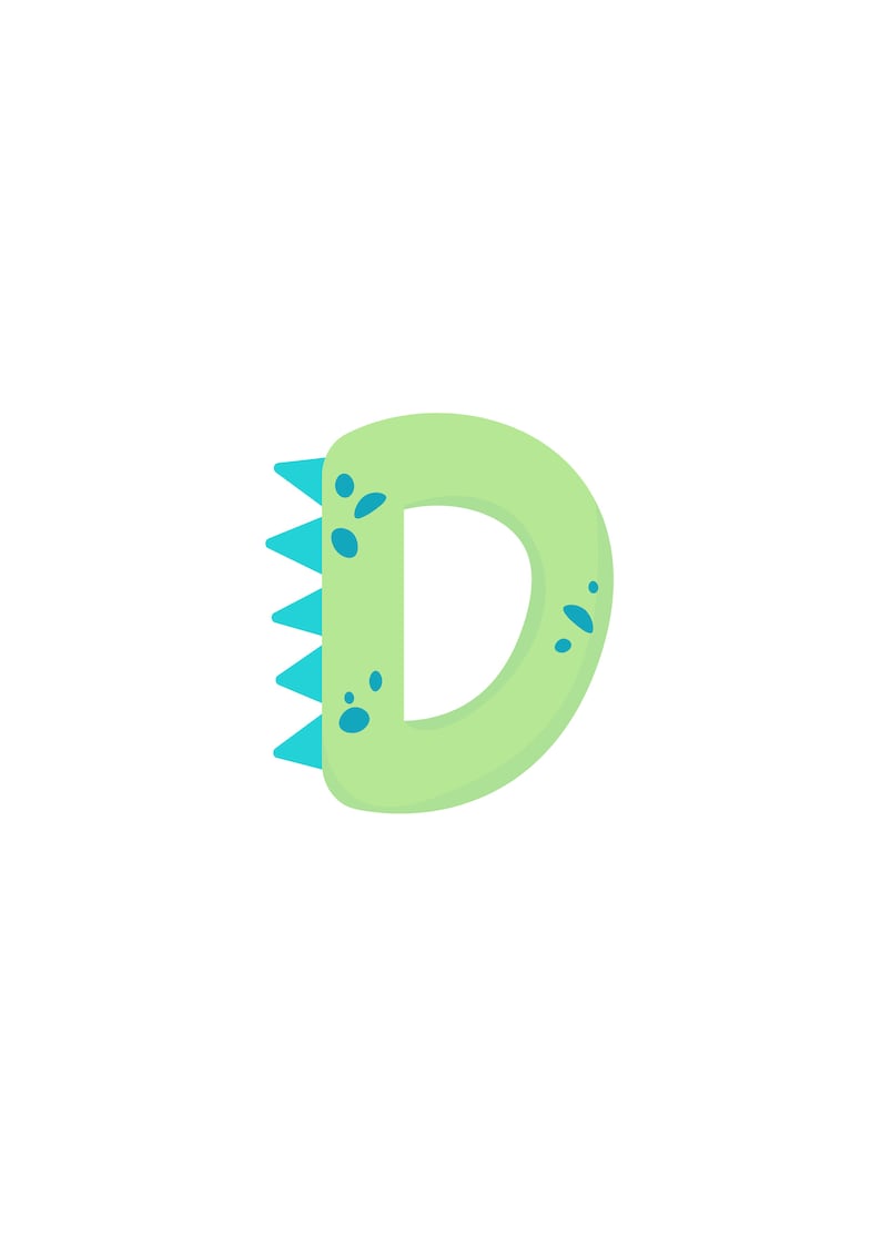 May include: Green letter D with blue spikes and spots. The letter is in a cartoon style.