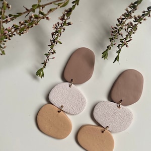 Handmade Polymer Clay Statement Earrings | Neutral Brown Tone Polymer Clay Dangle Earrings
