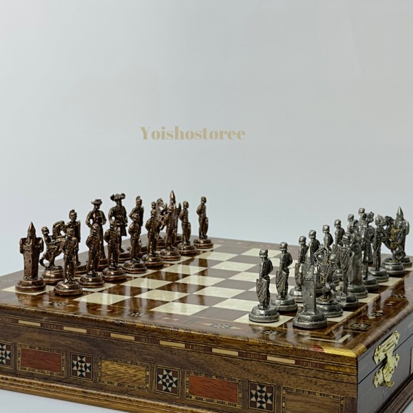 Handmade Collectible Chess Set, Personalized Wooden Chess Board with Storage, Decorative Chess Set, Home Decor, Birthday Gift Him