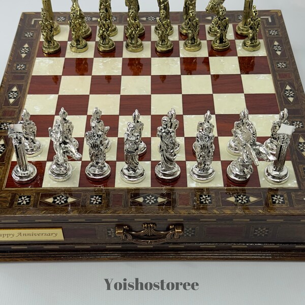 Wooden Handmade Chess Set, Personalized Wooden Chess Board with Storage Metal Theme Chess Pieces, Decorative Chess Set