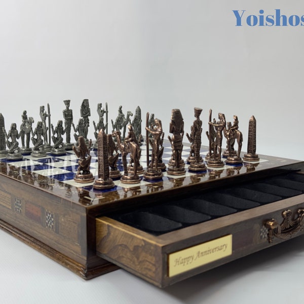 Wooden Handmade Chess Set, Personalized Wooden Chess Board with Storage Metal Theme Chess Pieces, Decorative Chess Set