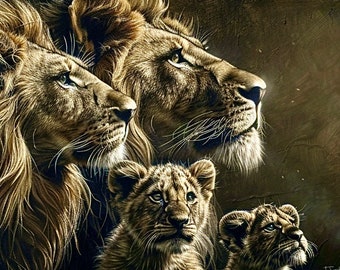 Löwenfamilie, Löwe, Lion, Löwenfamilie mit Jungen, digitaler Druck, Löwenbild nur hier, Löwe mit Krone, Bild einzigartig, lion, lionpicture