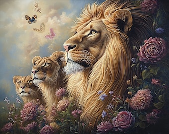 Löwenfamilie, Löwe, Lion, Löwenfamilie mit Jungen, digitaler Druck, Löwenbild nur hier, Löwe mit Krone, Bild einzigartig, lion, lionpicture