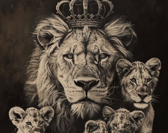 Löwenfamilie, Löwe, Lion, Löwenfamilie mit Jungen, digitaler Druck, Löwenbild nur hier, Löwe mit Krone, Bild einzigartig, lion, lionpicture
