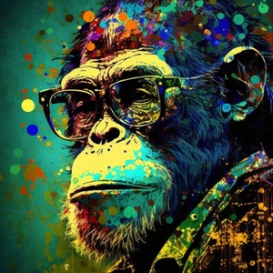 Artistieke en originele Cool Ape spattende verf in een hoogwaardige digitale download als een surrealistische moderne kunst die perfect is voor Home Decor