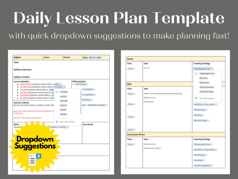 Editable Daily Lesson Plan Template Dropdown Suggestions for quick planning Teacher Planner Edit in Google Docs and MS Word 画像 1