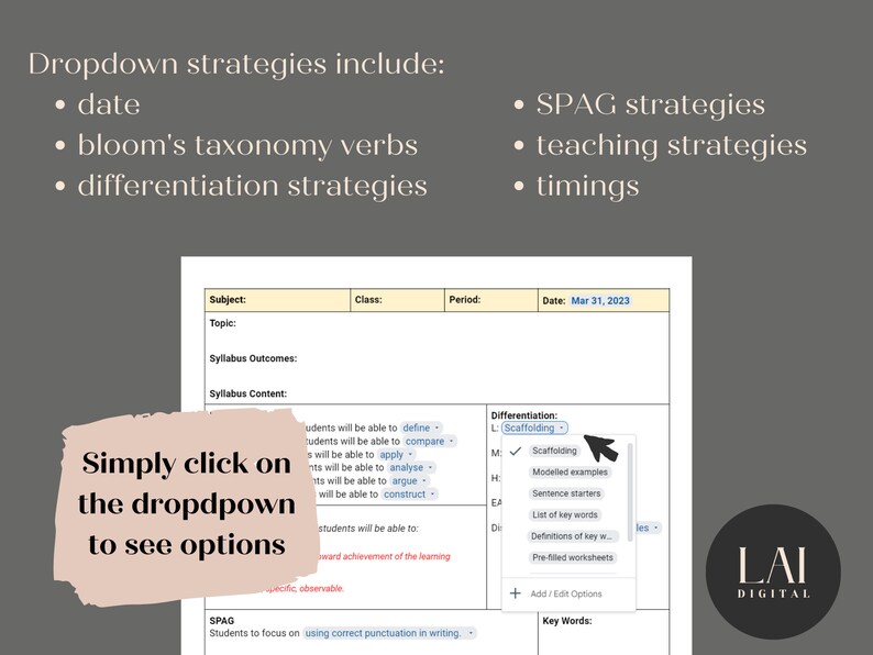 Editable Daily Lesson Plan Template Dropdown Suggestions for quick planning Teacher Planner Edit in Google Docs and MS Word 画像 2