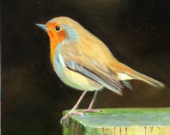 Original Robin oil painting on canvas panel, bird art, home decor, birdwatching gift, birthday gift, garden bird, wooden display easel.