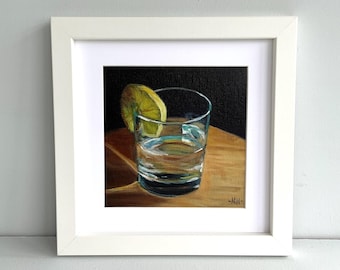 Oryginalny obraz olejny: Martwa natura ze szklanką wody, 6 x 6 cali, oprawiony w ramę, dzieło sztuki