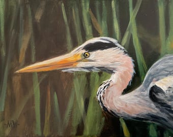 Originales Ölgemälde eines Reihers, gerahmtes Vogelbild, kleines Wildtiergemälde