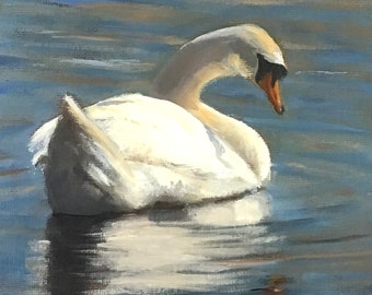 Mute Swan original oil painting on canvas panel, bird art, home decor, birdwatching gift, wildlife enthusiast, water bird, display easel.