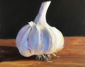 Garlic Bulb Original Oil Painting: 6x6 Inch Framed Kitchen Still Life,  Cottagecore Decor