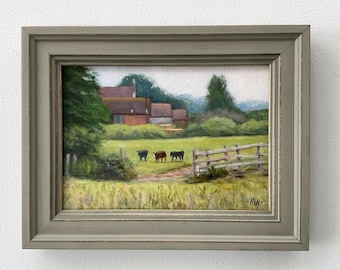 オリジナル油絵 田舎の風景画 野原の農場 牛のいる田園風景 緑の牧草地