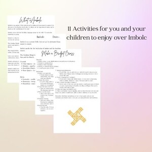 May include: Three white pages with text about Imbolc and activities for children, including instructions to make a Bridget Cross. The pages are on a gradient pink and yellow background. The text includes the phrases "What is Imbolc" and "Make a Bridget Cross".