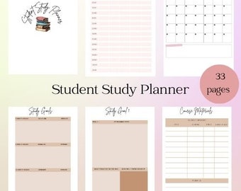 Pode incluir: Um planejador de estudos para estudantes com 33 páginas. O planejador inclui uma seção de horário semanal, um calendário mensal, objetivos de estudo e seções de materiais do curso. O planejador tem um esquema de cores rosa e marrom com um gráfico de pilha de livros.