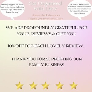 May include: A promotional graphic with a gradient pink and yellow background. Text includes "Get Organised with Lucy" and "Planners, books & courses". The graphic also features customer testimonials and a thank you message for supporting the family business.