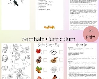 May include: A printable Samhain curriculum with 20 pages of activities for children. The curriculum includes a scavenger hunt, an ancestor tree activity, and a coloring page. The activities are designed to help children learn about the history and traditions of Samhain.